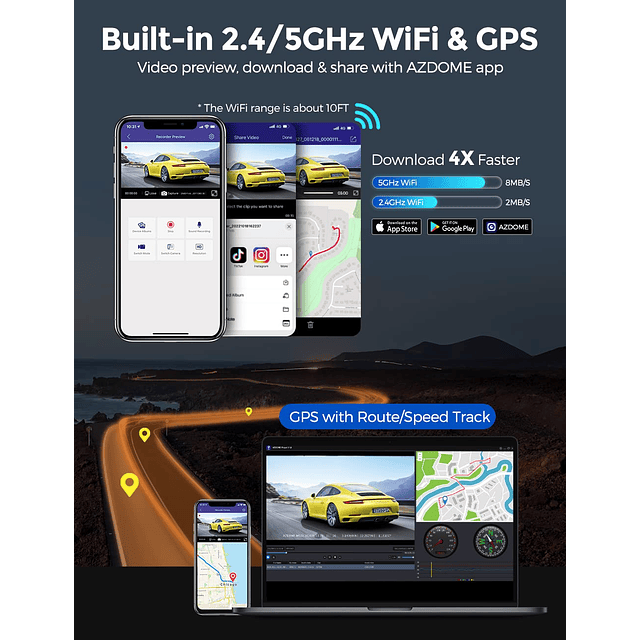 4K 5G WiFi Dash Cam Delantero y Trasero, Pantalla IPS de 3.1