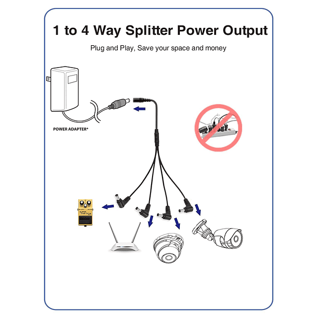 Divisor de fuente de alimentación CC de 4 vías para cámaras
