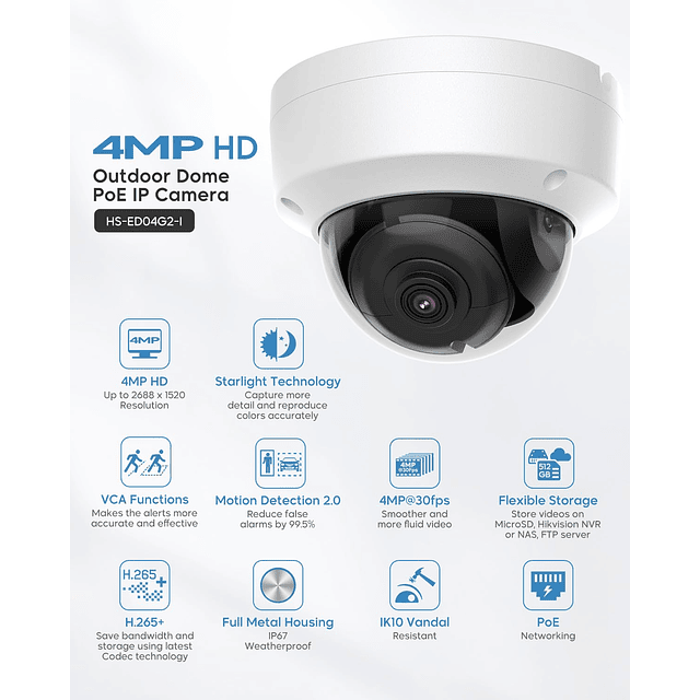 Cámara IP domo PoE de 4 MP para exteriores, protección perim