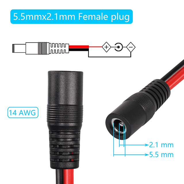 Cable de alimentación DC5521, 0,3 m, 1 pie, 14 AWG, 5,5 mm x