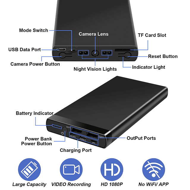 Cámara de Seguridad con Banco de energía de 10000 mAh, visió