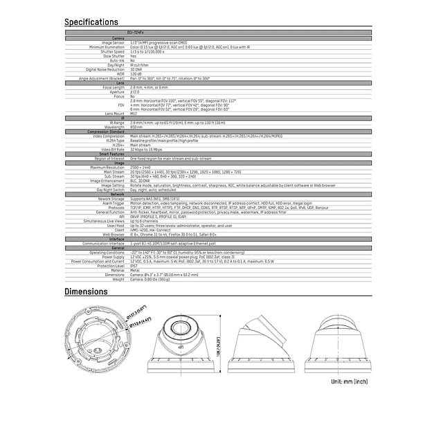 ECI-T24F2 Cámara domo de torreta IP POE de 4 MP Ángulo de vi