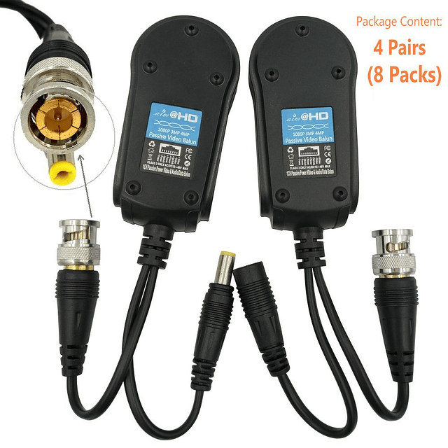 4 pares de balun de vídeo pasivo con alimentación, transcept