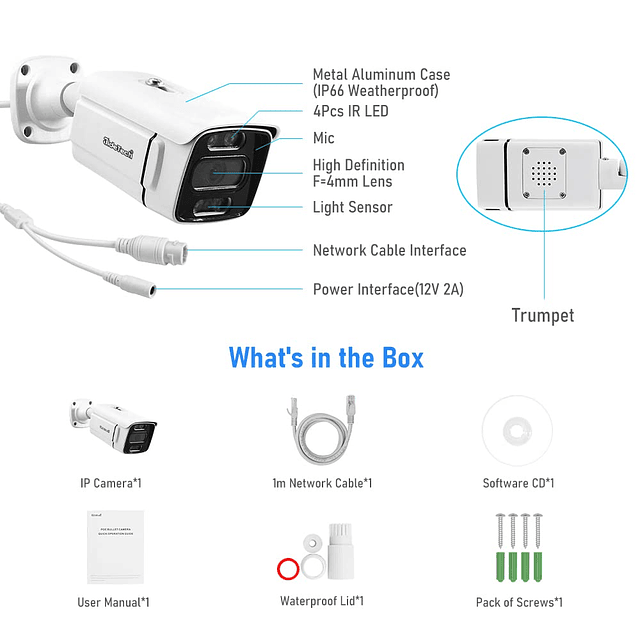 Cámara HD 5MP POE para exteriores, cámara de seguridad IP ti