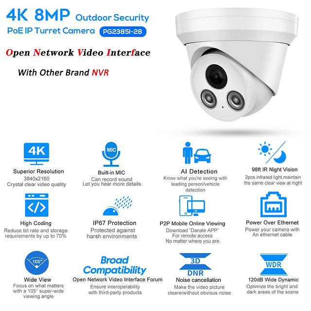 Cámara de seguridad 4K PoE, cámara IP de torreta de 8 MP par