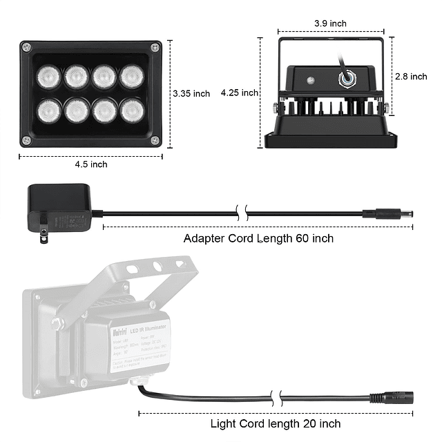 Iluminador IR 90 Grados Gran Angular 8 LED Luz Infrarroja IR