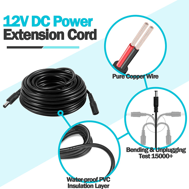 2PCS 16FT5m 12V DC Cable de extensión de alimentación 5,5 mm