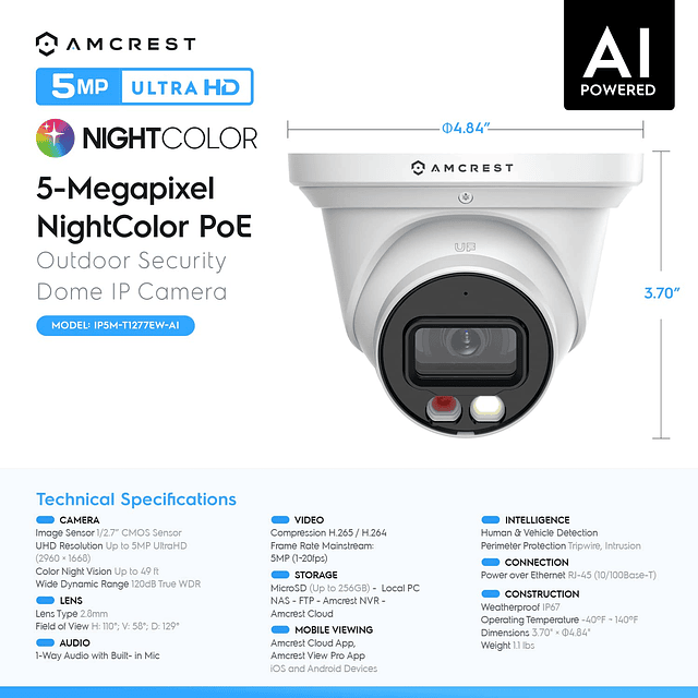 Paquete de 2 cámaras IP PoE AI Turret con visión nocturna de