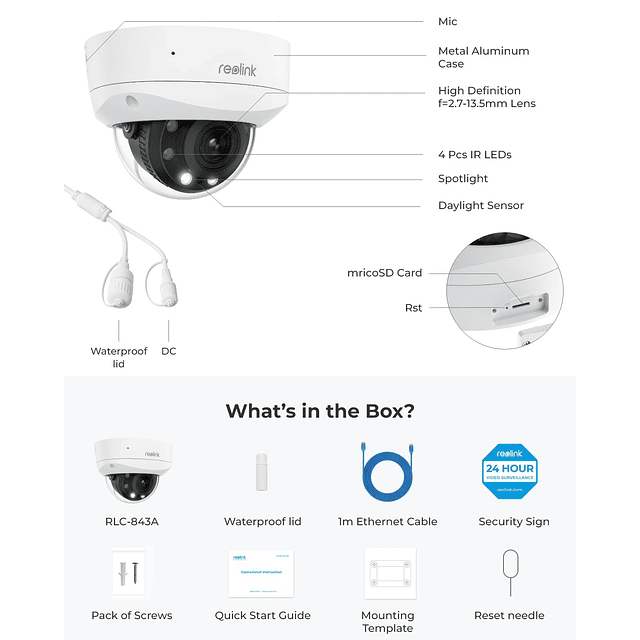 RLC-843A - Cámara de Seguridad 4K PoE con Focos, Zoom Óptico