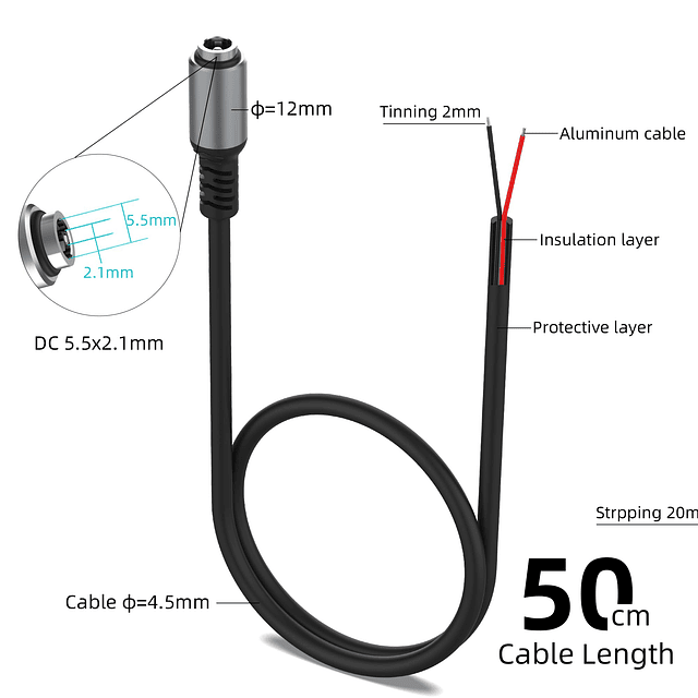 Cable adaptador de conector de alimentación hembra CC de 0.2