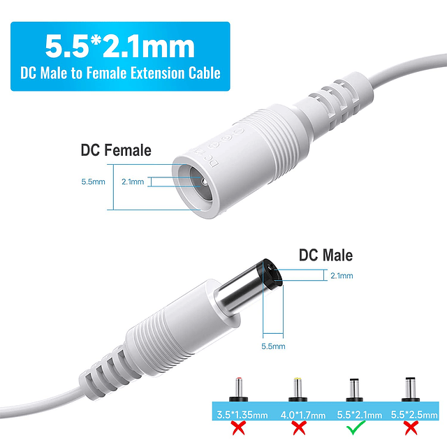 Paquete de 2 cables de extensión de alimentación CC de 6 pie