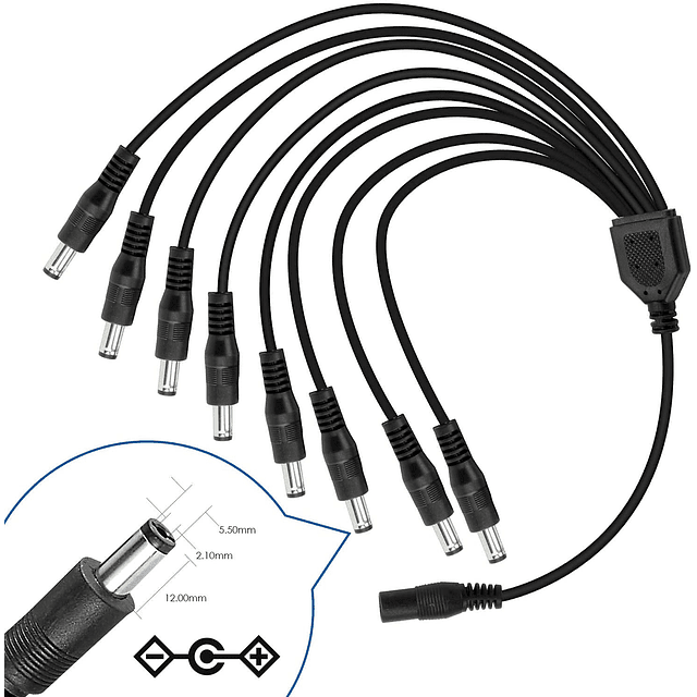 Cable divisor de alimentación DC 1 hembra a 8 macho Y 1 a 8