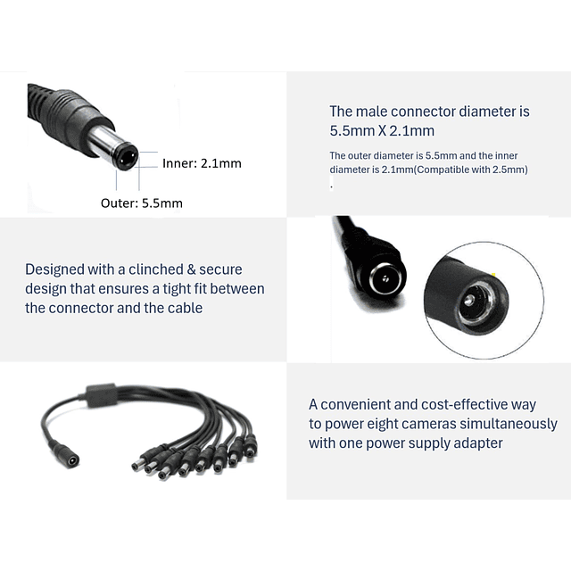 Divisor de fuente de alimentación CC de 8 vías para cámaras