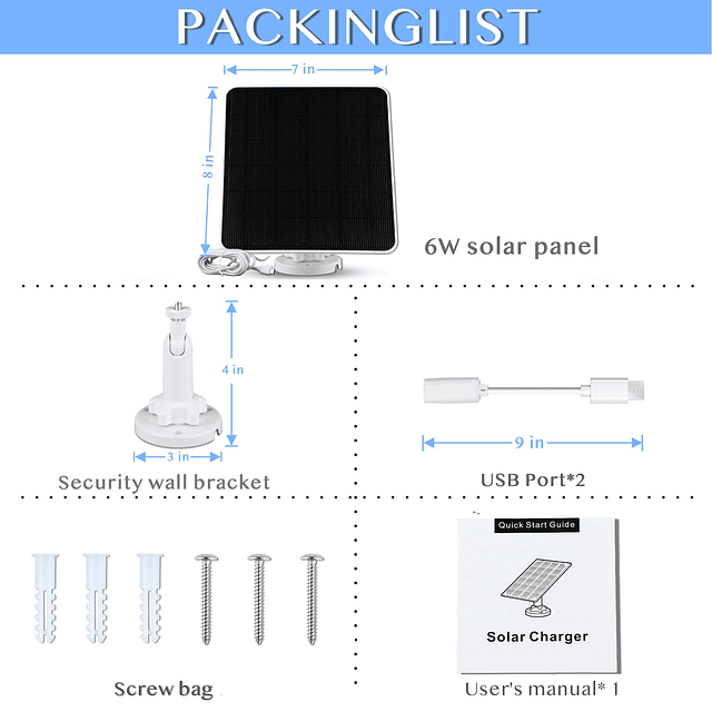 Panel solar para cámara de seguridad, panel solar de 6 W 5 V