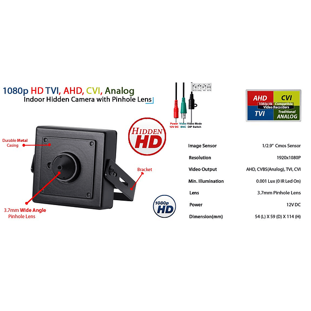 1080p HD 4 en 1 AHD TVI CVI, mini cámara oculta analógica pa