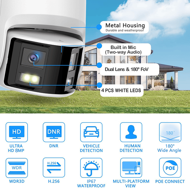 Cámara de seguridad IP Poe de doble lente 4K 8MP para exteri