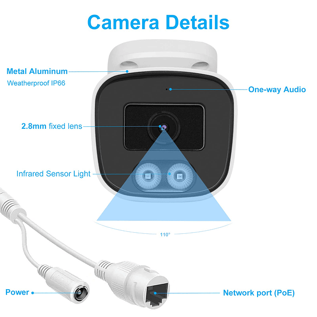 Cámara bala IP PoE de 4 MP con micrófono/audio, cámara de se