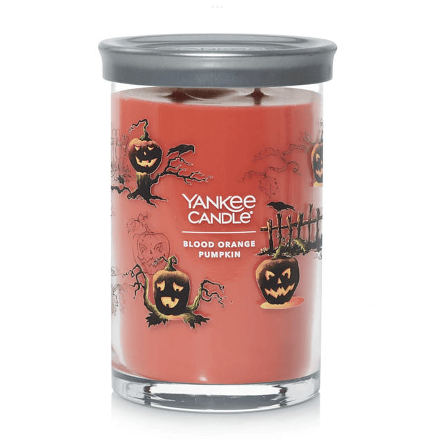 Vela en vaso de 2 mechas color naranja sanguina y calabaza t