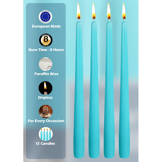 Paquete de 12 velas cónicas altas Azul claro de 10 pulgadas