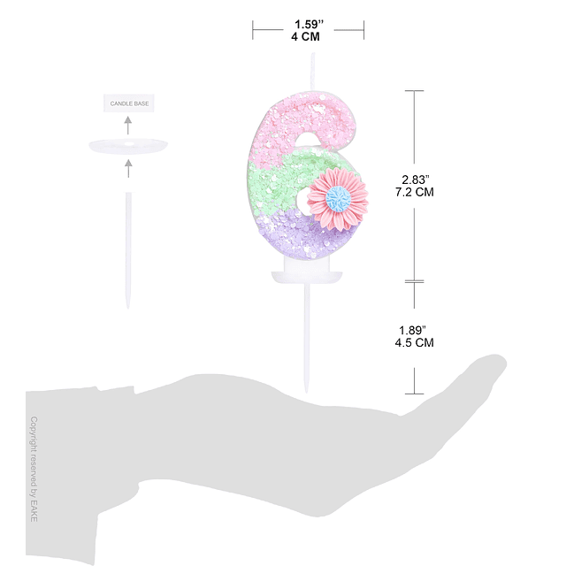 Vela de 6 cumpleaños con Margarita Rosa 3D y Lentejuelas Col