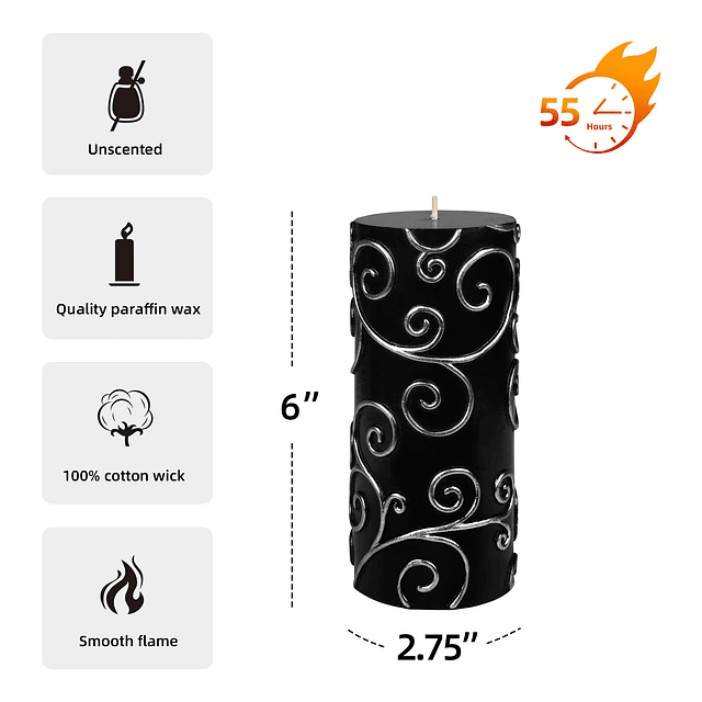 Velas tipo pilar 3 por 6 pulgadas pergamino negro