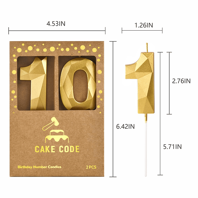 CÓDIGO DE TORTA 2.76 pulgadas Cristal Oro 10 Número Velas de