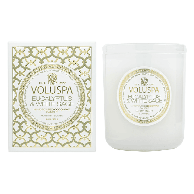 Eucalipto y salvia blanca vela clásica en caja 9.5 oz tiempo