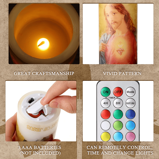 Juego de 2 velas religiosas de oración LED sin llama cera re