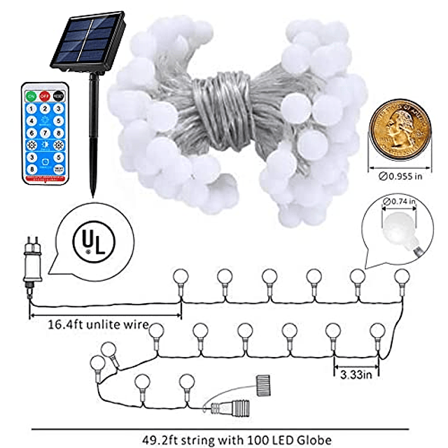 Cadena de luces solares con forma de globo, 49 pies, 100 LED