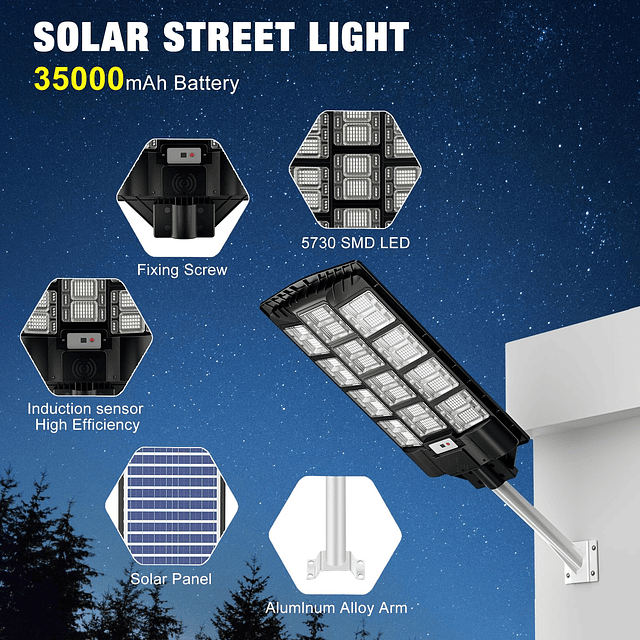 Farola solar de 1800 W, luz de calle LED impermeable para ex