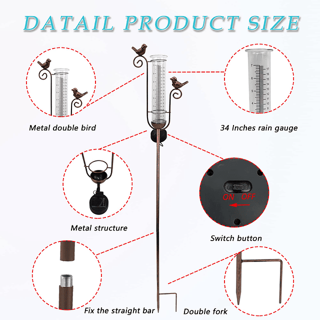 JOYBee Medidor de lluvia para pájaros con luces solares para