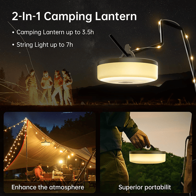 Cadena de luces para acampar 33 pies 2 en 1 USB recargable l