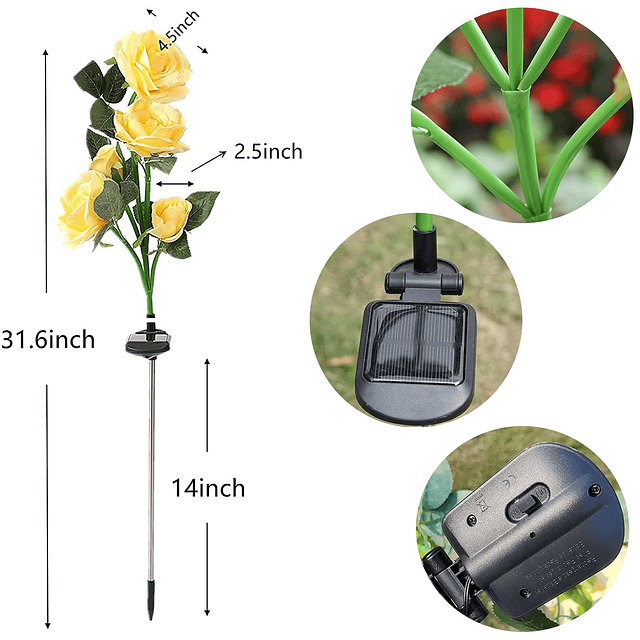 Luces solares de jardín, paquete de 2 con 10 flores de rosas