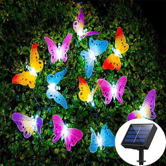 Cadena de luces solares de mariposa para exteriores, 12 LED