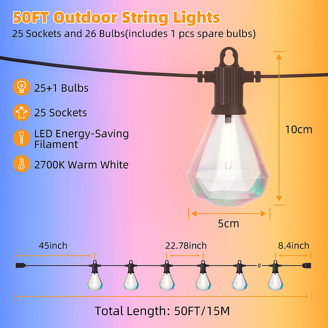 Cadena de luces LED para exteriores de 50 pies con 25 bombil