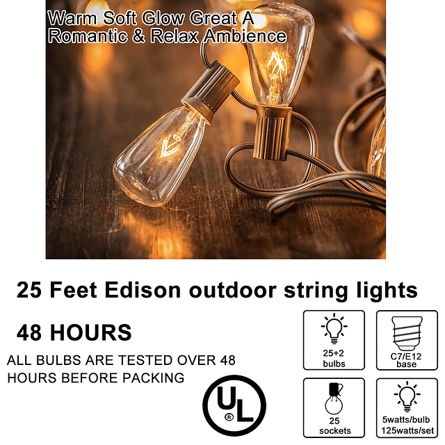 Cadena de luces para patio al aire libre ST35 de 25 pies con