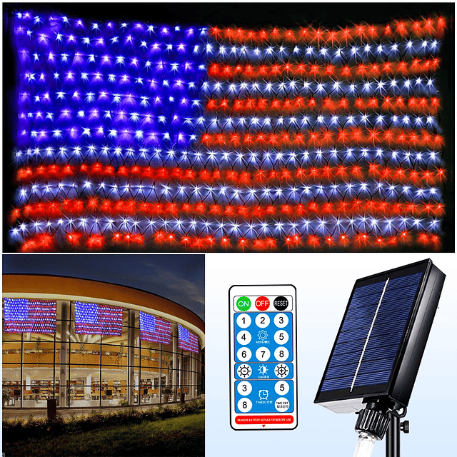 Cadena de luces solares con bandera americana, resistente al