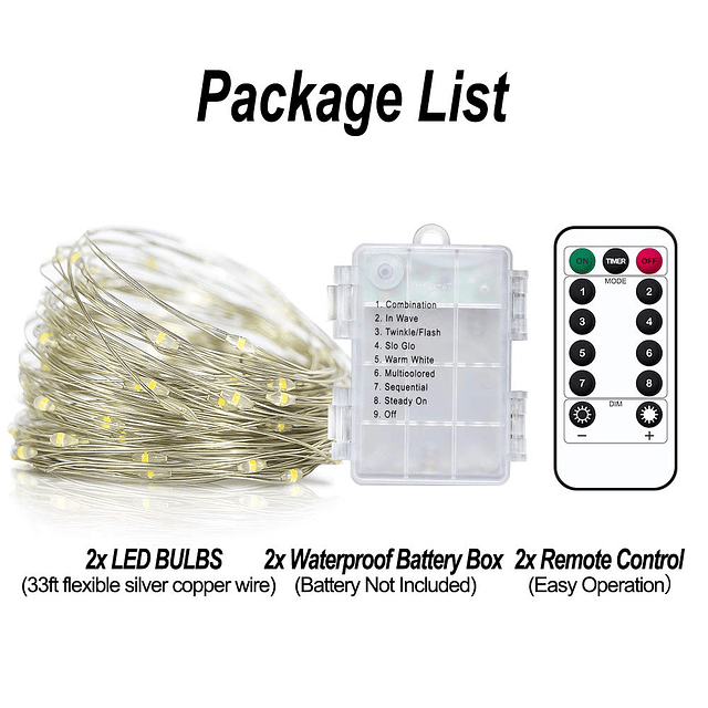 Guirnalda de luces LED con pilas, 2 unidades de 33 pies, 100