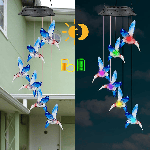 Paquete de 2 carillones de viento de colibrí azul, luces LED