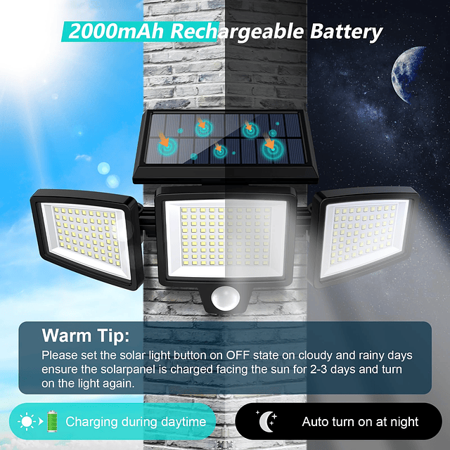 Luces solares para exteriores 2500 lm, 210 luces LED de segu