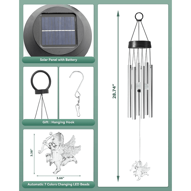 Carillón de viento solar para exterior, lámpara de aluminio