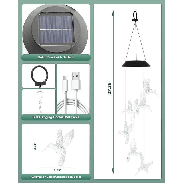 Campanas de viento solares de colibrí para exteriores, regal