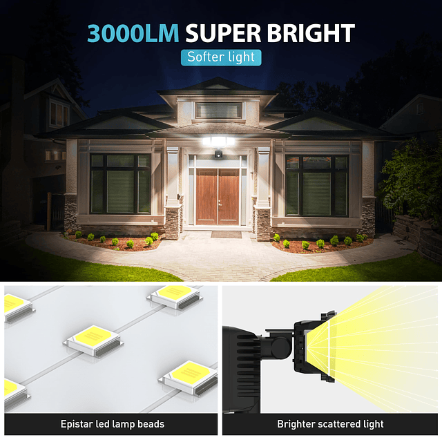 Luces solares de seguridad de 3000 lm con 3 modos de sensor