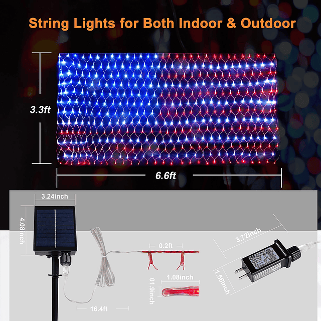 Luces de bandera americana con energía solar y enchufe 420 L