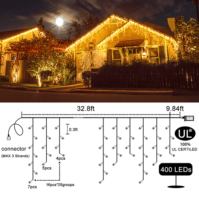 400 luces LED navideñas de carámbano para exteriores, luces