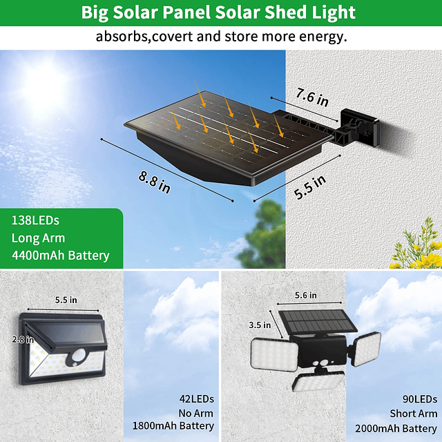 Luces solares para granero al aire libre, 138 LED, luz solar