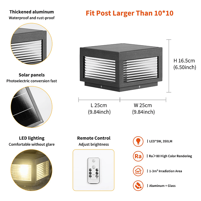 Lámpara solar para poste de luz de 9,84 pulgadas, luces de p