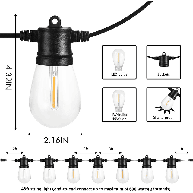 Cadena de luces para exteriores, 144 pies, paquete de 3 luce