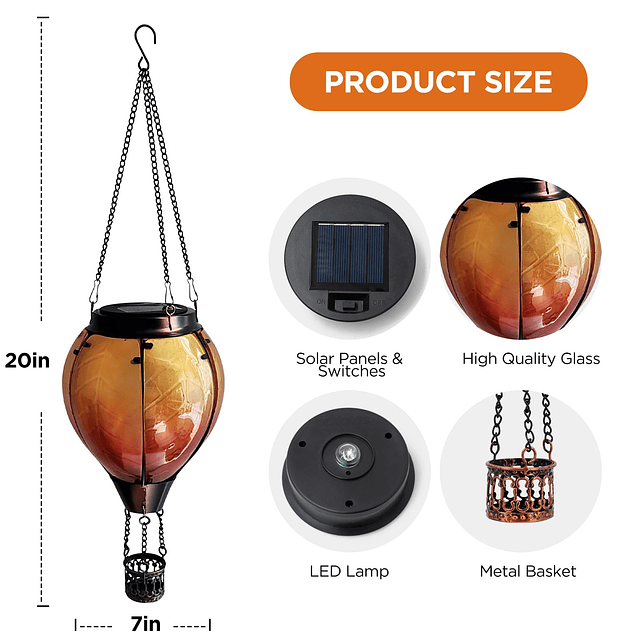 Linterna solar de globo aerostático naranja con efecto de ll