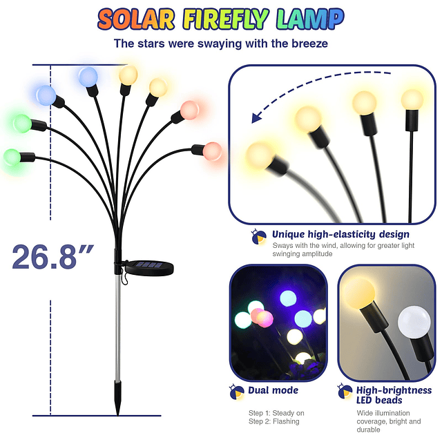 Luces solares de luciérnaga, paquete de 2, 16 luces LED, 2 m